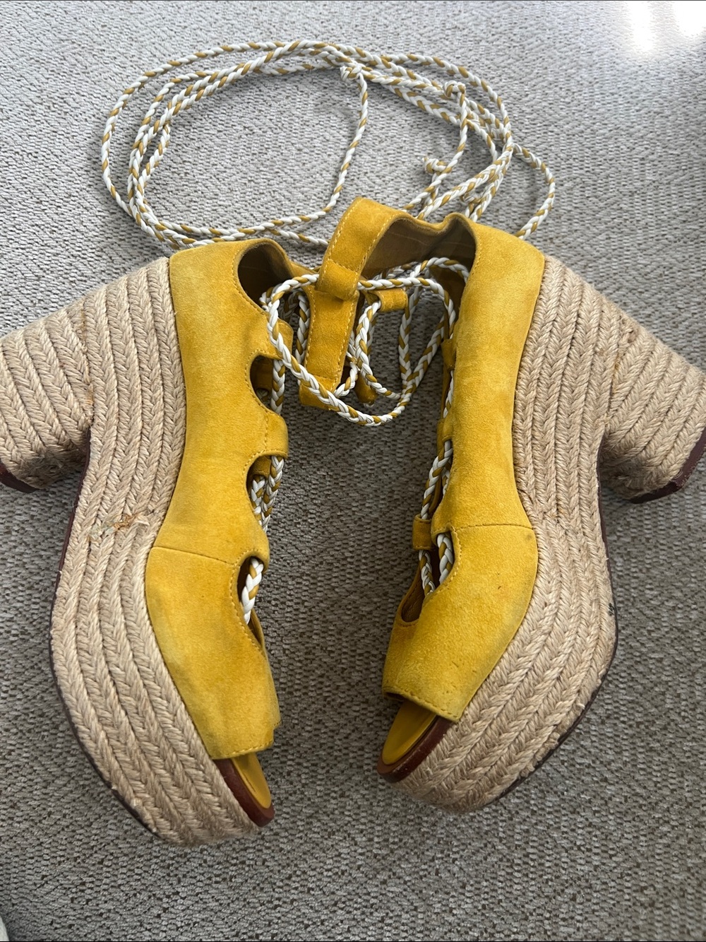 Tory Burch Yellow Suede Lace-Up Platform Sandals